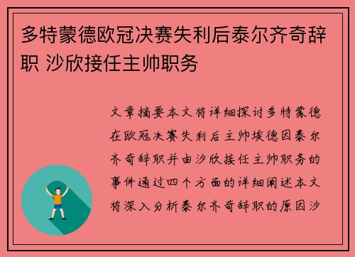 多特蒙德欧冠决赛失利后泰尔齐奇辞职 沙欣接任主帅职务 多特蒙德欧冠决赛失利后泰尔齐奇辞职 沙欣接任主帅职务